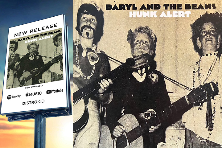 Image of album cover for Hunk Alert by Daryl and the Beans featuring 3 kids with 2 holding guitars