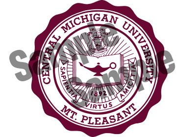 Central Michigan University seal in maroon with the opaque dark gray words 