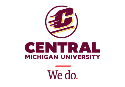 We do tagline vertical example, a maroon Action C with gold drop shadow lines are located above the words “Central Michigan University" which are in bold maroon text placed on a white background, a red horizontal line with “We Do” in maroon letters below.