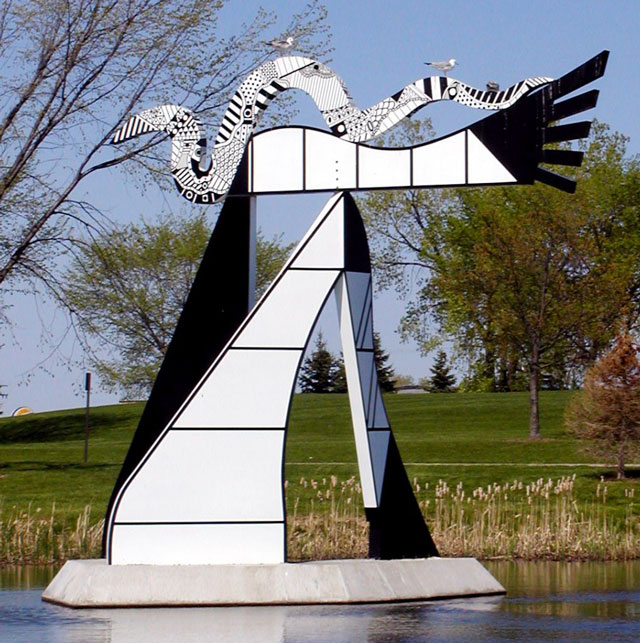 A sculpture from Charles McGee's Noah's Ark series is located in Rose Pond on campus.