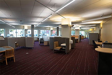 1 North Study Room Looking East, Room Layout with Pods, Tables, Chairs, Lamps, Computer Monitors