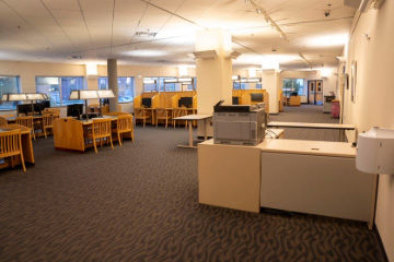 1 North Study Room Looking East, Room Layout with Pods, Tables, Chairs, Lamps, Computer Monitors