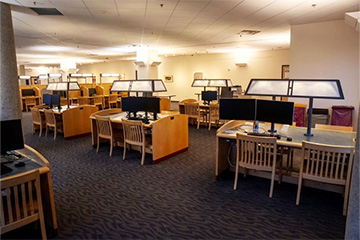 1 North Study Room Looking South, Room Layout with Tables, Chairs, Lamps, Computer Monitors