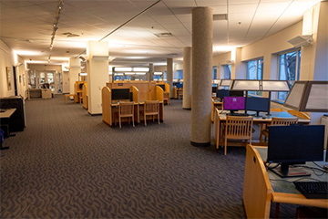 1 North Study Room Looking West, Room Layout with Tables, Chairs, Lamps, Computer Monitors