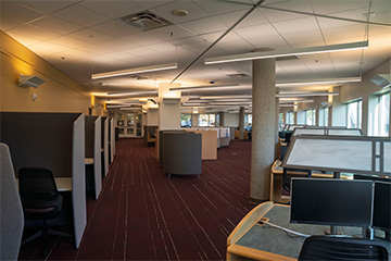 1 North Study Room Looking West, Room Layout with Pods, Tables, Chairs, Lamps, Computer Monitors