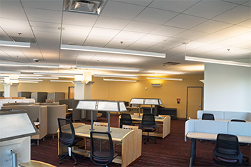 1 North Study Room Looking South, Room Layout with Tables, Chairs, Lamps, Computer Monitors