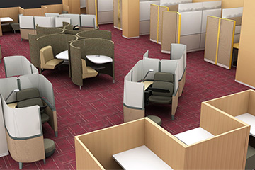 Individual study pods located in the Mary Dow Reading Room quiet study area at Central Michigan University Park Library.