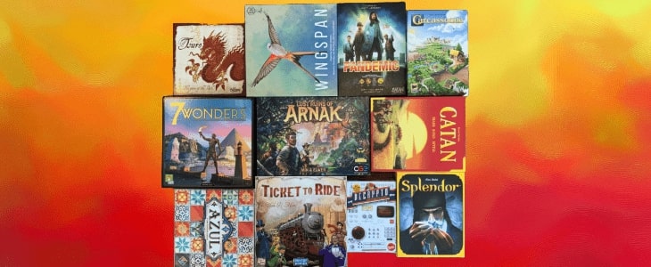 Images of 11 board games on a red and yellow background