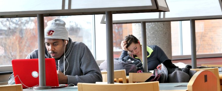 Male and female student at Central Michigan University, University Libraries using study space at the Park Library.