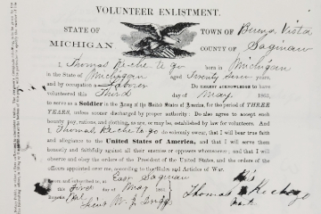 An 1863 Michigan volunteer enlistment form for Thomas Richey from Buena Vista, agreeing to a three-year U.S. Army service. It includes handwritten details and an eagle illustration.