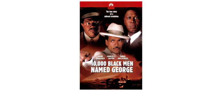 The cover of 10,000 Black Men Named George features three Black men in 1920s attire, with serious expressions. The title is in bold white text over a reddish-brown background. A tagline above reads, The true story of a railroad revolution.