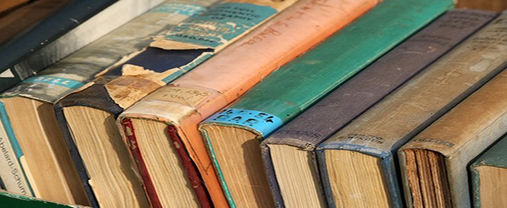 Close up of the spines of historical books lined up in a row.