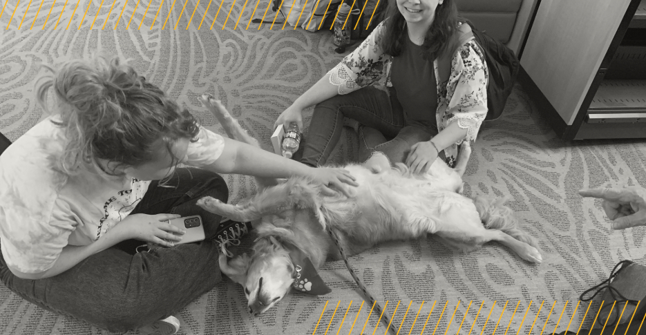 Black and white image of two students happy while petting therapy dog Stella, who is a golden retriever laying on her back for belly rubs.