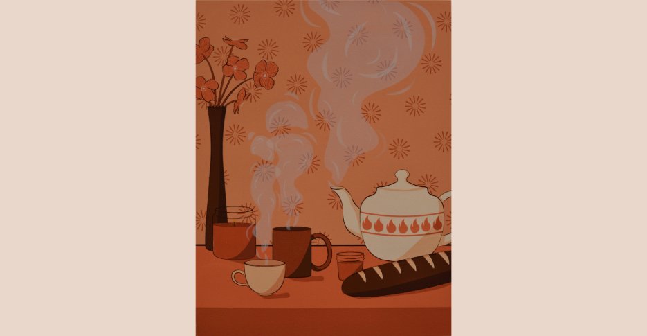 Silkscreen print where the tint of the entire image are shades of orange. The scene is of a table top that has a tall vase of four petal flowers, a jar candle, a teacup, a teapot with a border of simple flames and a dark brown baguette loaf of bread.