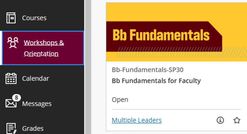 Blackboard menu showing workshops & orientation tab