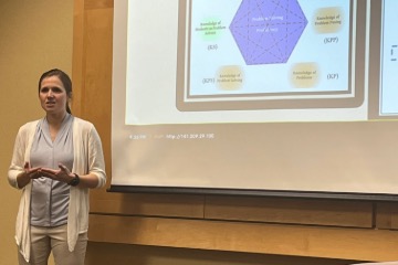 A woman standing in front of a projection screen showing research on problem solving.