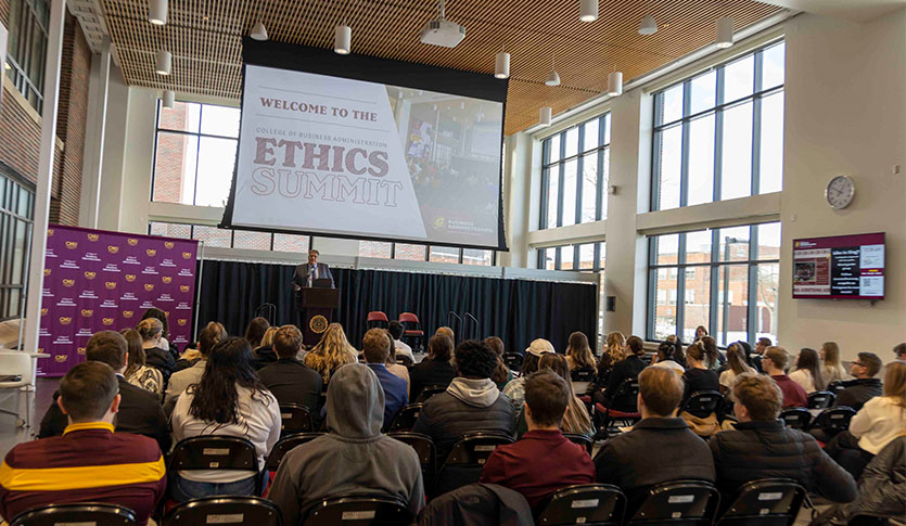 Dean Chris Moberg gives introduction to Ethics Summit.