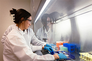 Two professionals in lab coats engaged in laboratory research, demonstrating teamwork in a scientific environment.