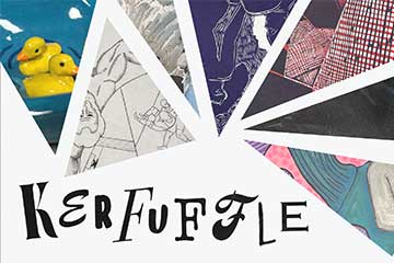 20260420_Event_Kerfuffle_003_360x240 Poster for event, triangular cut outs of individual art pieces surround the word