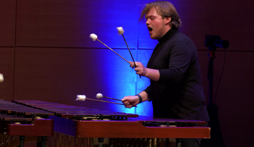 Percussionist playing the marimba at a concert.