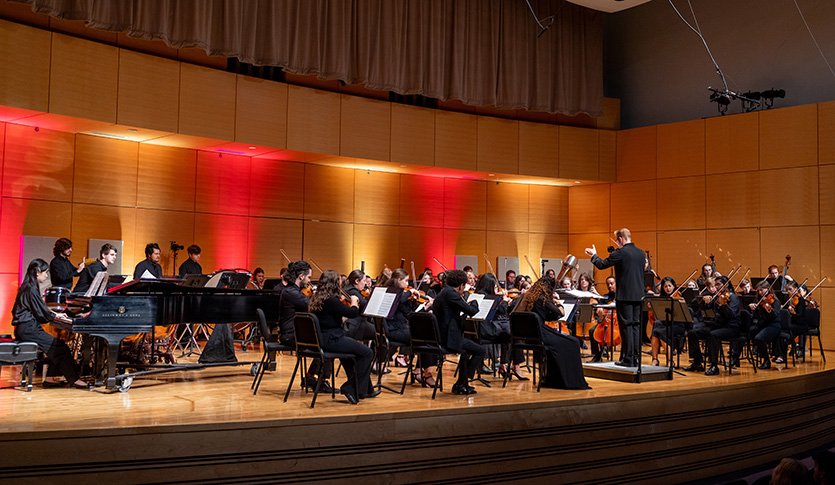 A picture of the Central Michigan University Symphony Orchestra performing at Staples Family Concert Hall
