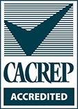 CACREP Accredited graphic with a check mark in front of horizontal lines.