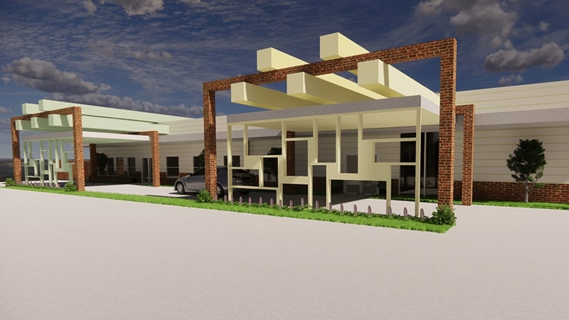 3D view of exterior of center for older adults and children with autism; a while building with various square design/structural elements, and brown brick.