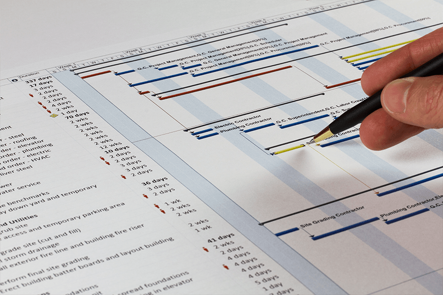 hand holding pen reviewing gant chart