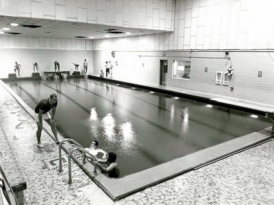 Black and white photo of the historic Finch Fieldhouse pool.