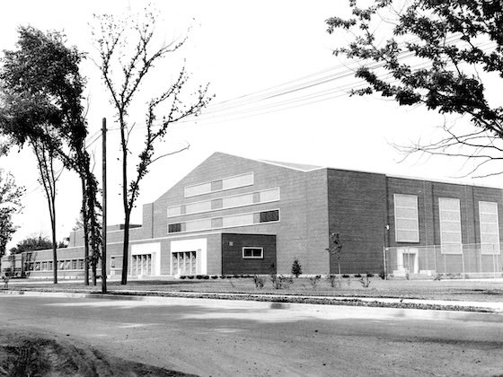 Black and white photo of the outside of historic Finch Fieldhouse.