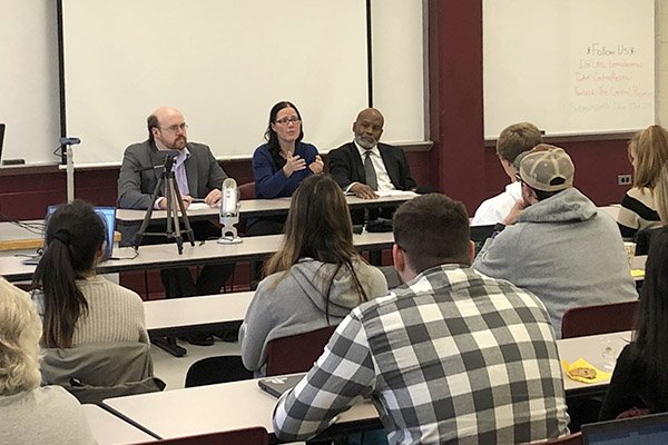 Faculty members lead a discussion during a Critical Engagements event.