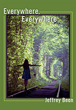 Book cover for Everywhere, Everywhere by Jeffrey Bean include girl walking along railroad tracks through a forest.