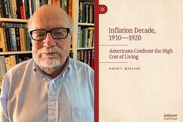 David I. Macleod wearing a blue button-up shirt and black glasses and an image of his book cover Inflation Decade, 1910-1920.