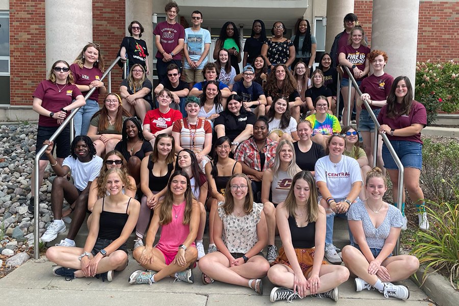 Students in public service majors pose on the steps of Cobb Hall, the Public Service Residential College.