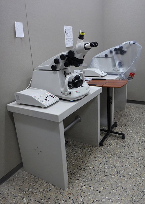 Two RMC Powertome Ultramicrotomes on tables next to each other in the microscopy lab.