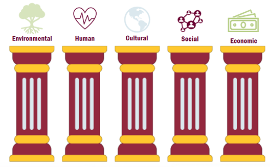 A digital illustration features five classical-style pillars, each representing a different aspect of sustainability. From left to right, the pillars are labeled: Environmental, Human, Cultural, Social, and Economic.