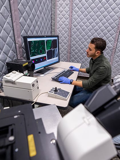 Two biological analytics students work in an on-campus lab at Central Michigan University.