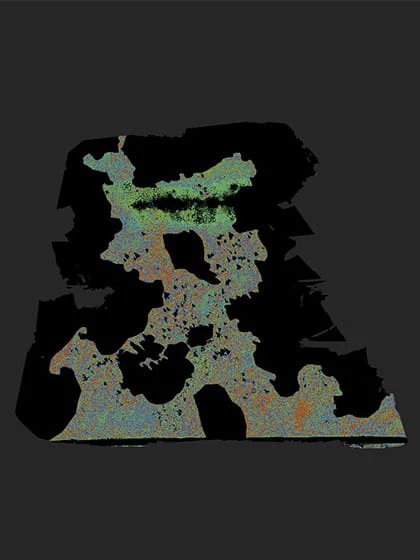 Three geospatial images in green, red and green, and black and grey with a scale labeled Meters.