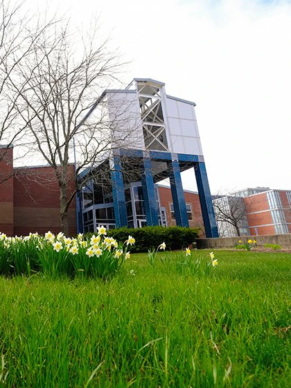 a building with a tall tower and a lawn with flowers