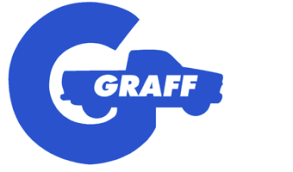 A blue and white logo for Graff of Mt. Pleasant.