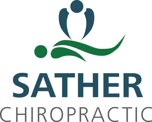 A representation of a person manipulating somone's back with the words Sather Chiropractic underneath it.