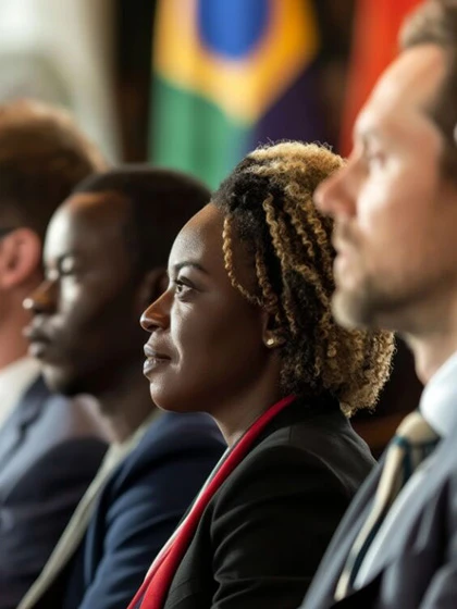 Profile view of o group of individuals in front of a series of international flags staring into the distance.