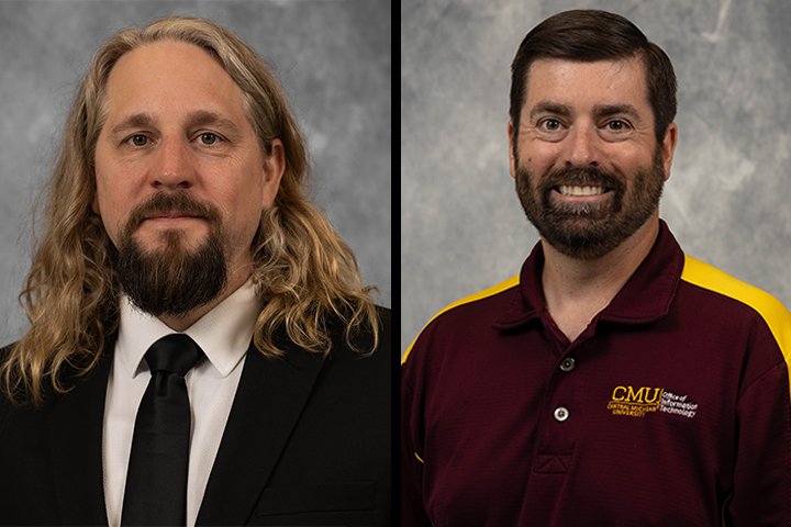 Split screen photo of Ben wearing a black suite, white shirt, and black tie and Jim wearing a maroon and gold CMU polo shirt with the OIT logo on the chest.