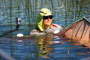 A student is up to her neck in Lake Michigan taking wildlife samples with a net.