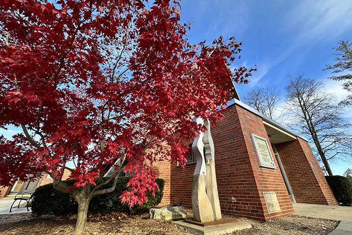 A wide angle view from below of a red leaf-covered tree standing next to the CMU Art Gallery.