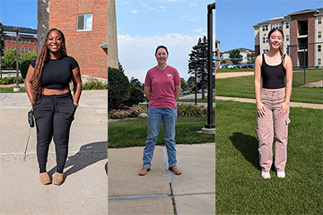 A collage of photos of three young women smiling and standing outside.