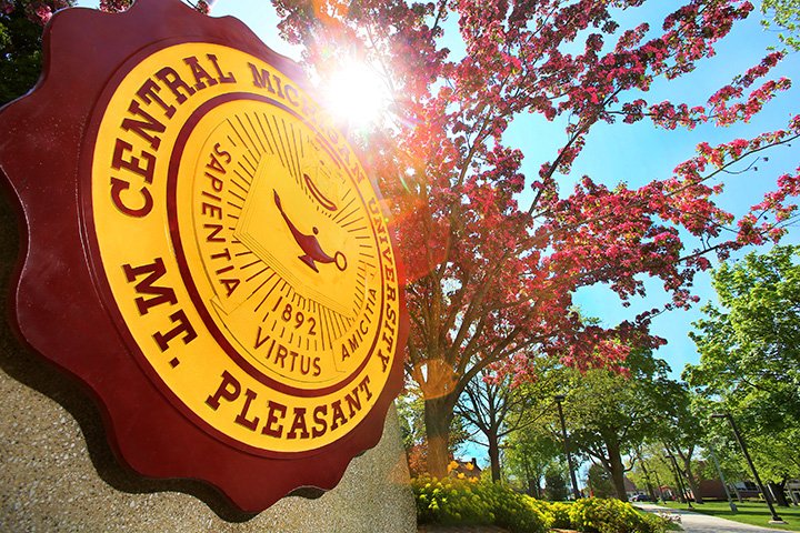 A low-profile view of the CMU seal in Warriner Mall with the sun peering through a tree with maroon colored leaves.