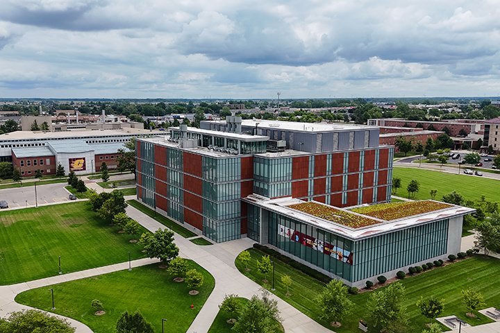 An aerial view of the CMU Biosciences building.