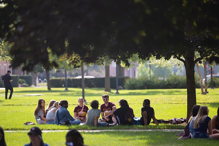 IMPACT participants broken into groups 10 or so people sit on large blankets on the green grass in Warriner Mall.