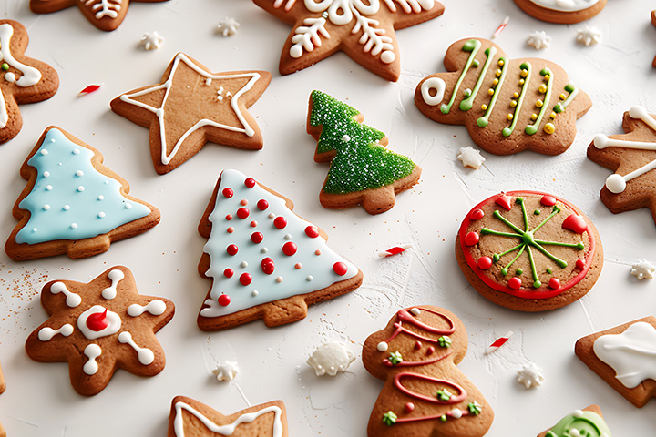 Frosted holiday cookies in the shapes of trees, stars, circles and more sit on a white tablecloth.